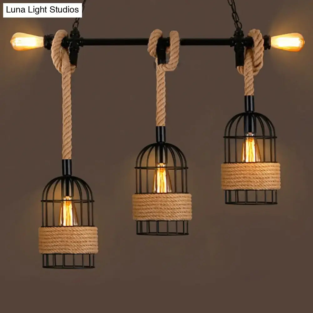 DecorBites black birdcage island pendant light with jute rope cord features five e26 e27 bulbs in industrial metal design