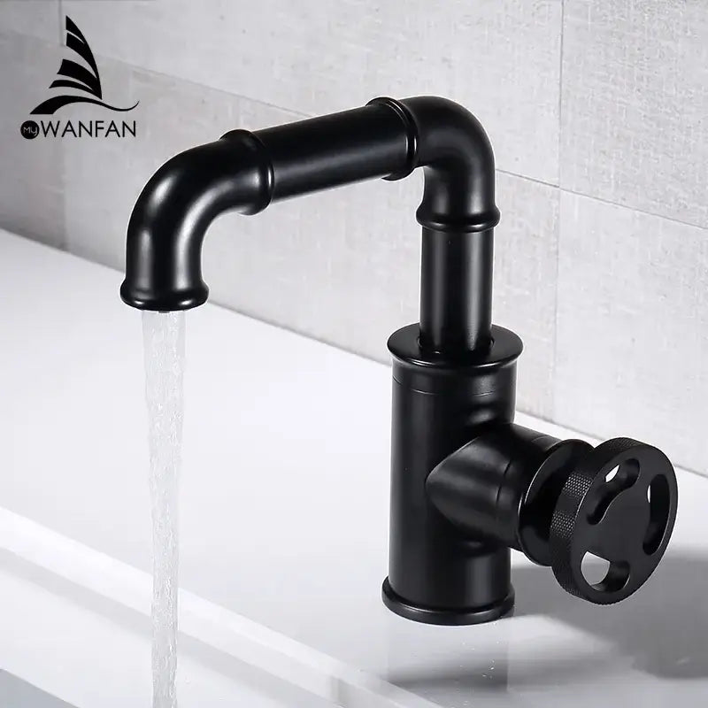 Industrial black brass basin faucet with matte black finish vintage pipe design and circular handle by decorbites