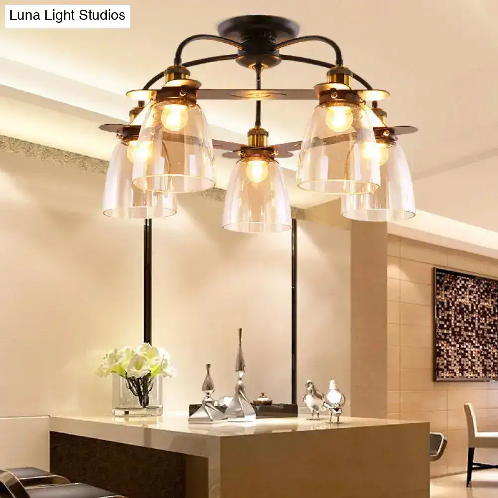 Vintage-style semi flush ceiling lamp with five cognac glass bell shades in dark bronze for living room lighting
