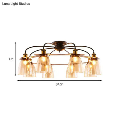 Bronze finished decorbites™ industrial cognac glass bell ceiling lamp with six amber shades for living room use