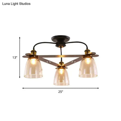 DecorBites industrial ceiling lamp with three cognac glass bell shades and dark bronze frame for living room use