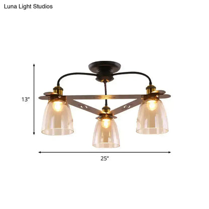 Decorbites industrial cognac glass bell ceiling lamp with three warm glass shades and aged brass frame for living room