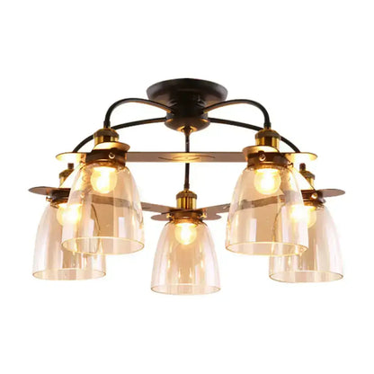 DecorBites™ industrial cognac glass bell ceiling lamp with five clear glass shades and aged brass for living room