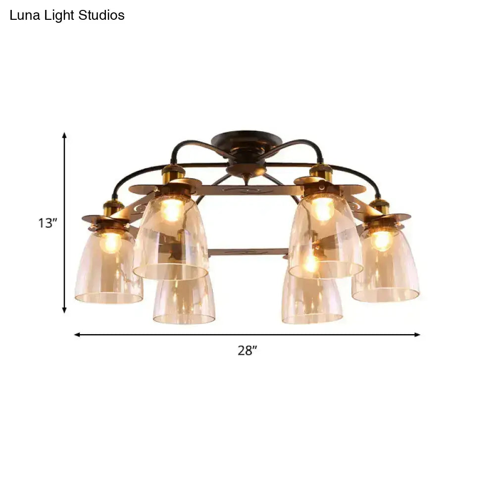 Bronze finished semi flush ceiling lamp with six cognac glass bell shades and central mounting plate for living room