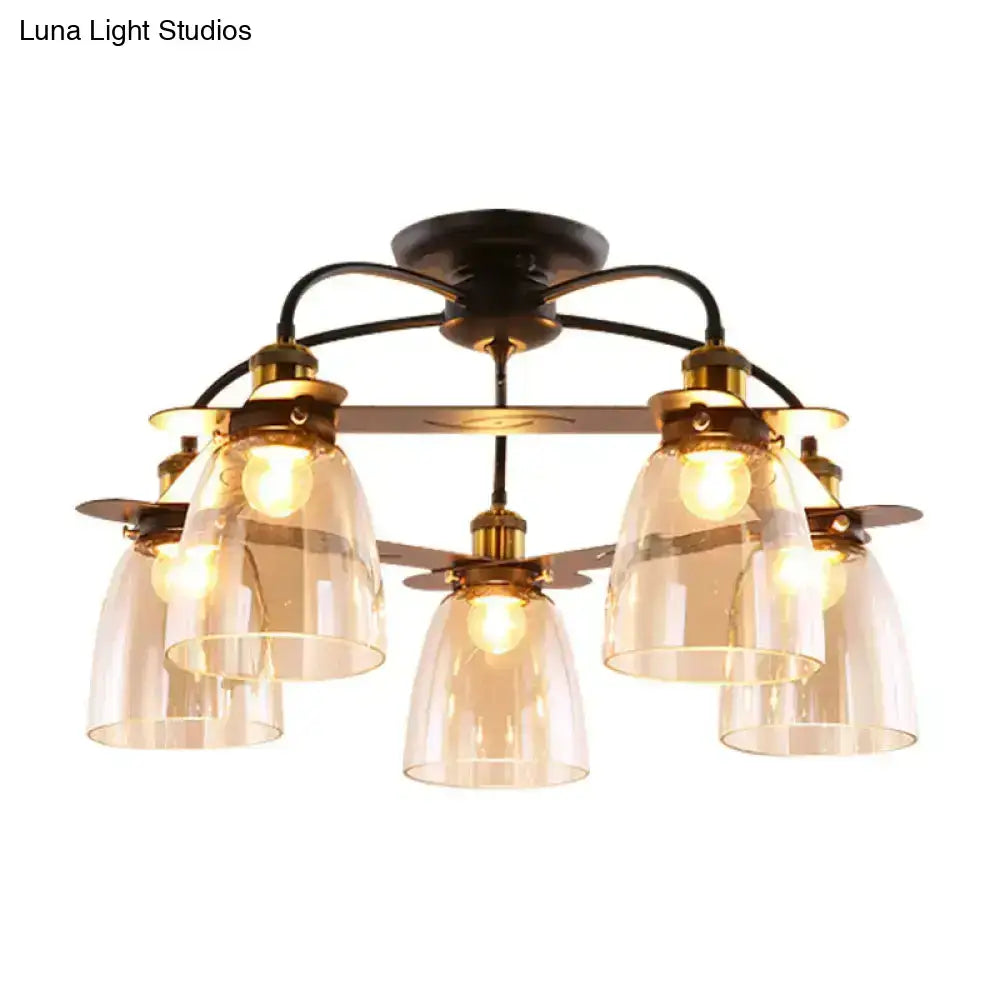 Vintage-style decorbites industrial cognac glass bell semi flush ceiling lamp with five clear glass shades in aged brass for living room