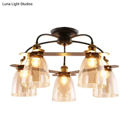 Vintage-style decorbites industrial cognac glass bell semi flush ceiling lamp with five clear glass shades in aged brass for living room