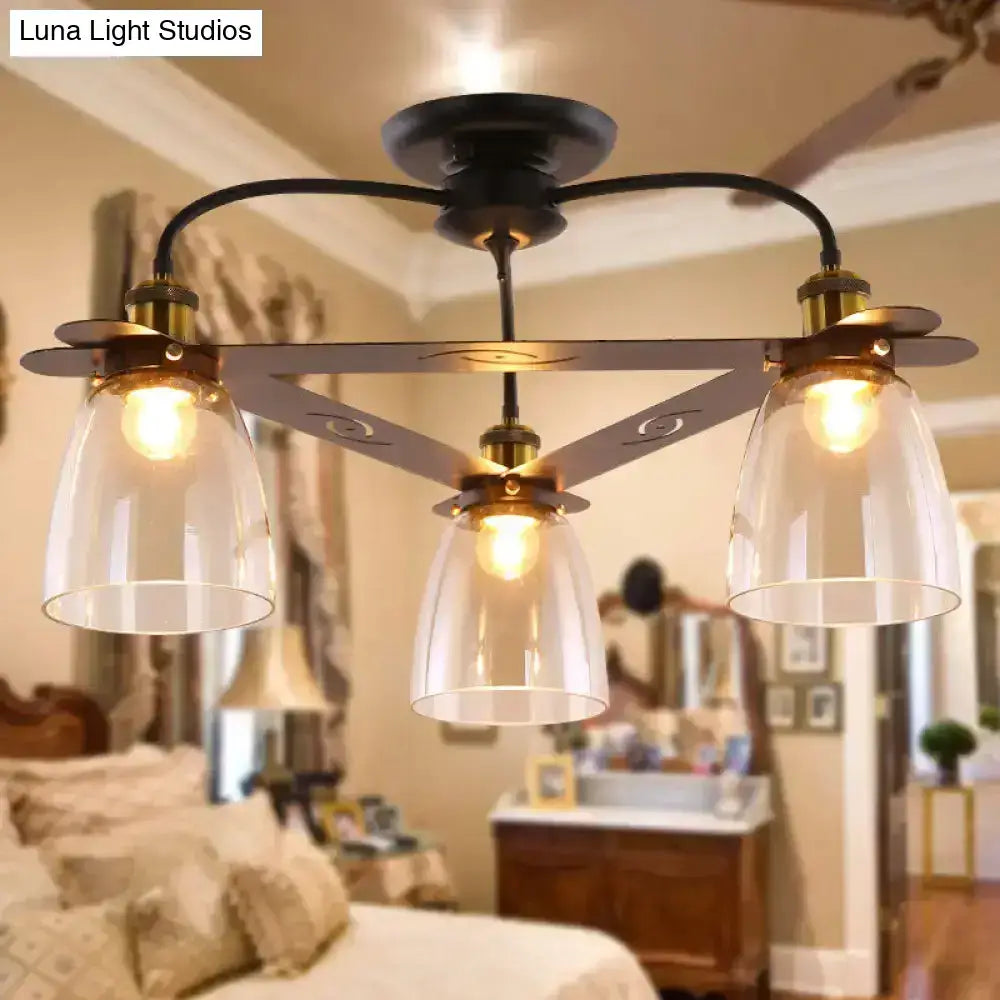Decorbites industrial cognac glass bell ceiling lamp with black metal and aged brass accents for living room lighting