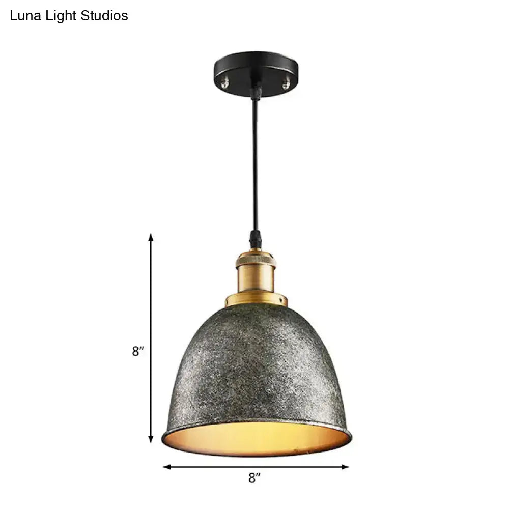 Decorbites lonie industrial pendant lamp with distressed metallic gray antique style dome and brass accents hanging light fixture