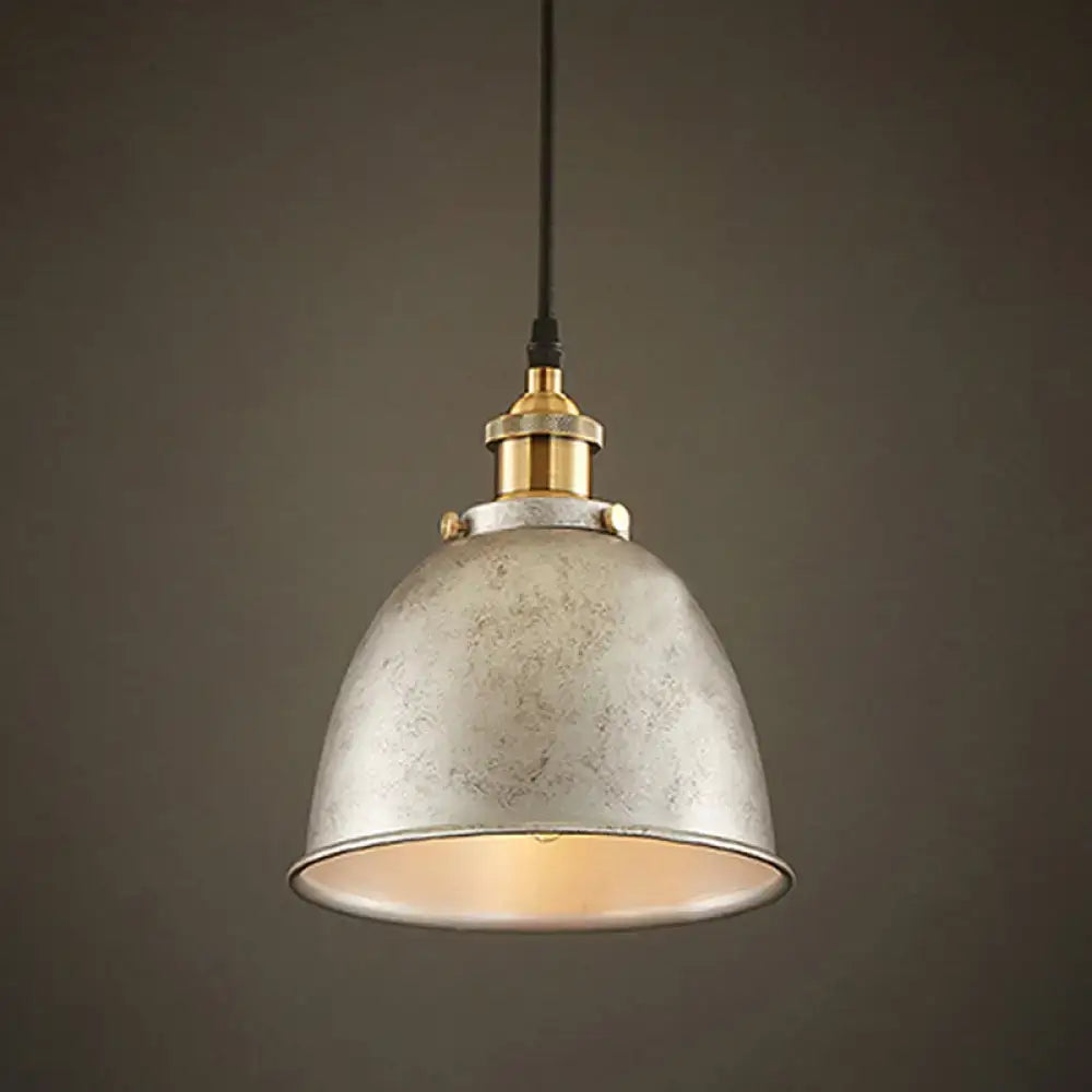 Decorbites lonie industrial style dome pendant lamp with distressed silver metal shade and brass accents in black rust