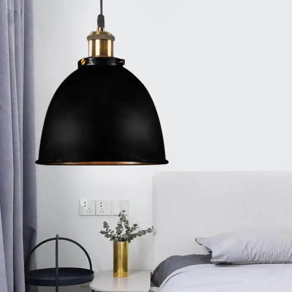 Black matte finished pendant lamp with brass metal fixture and base in antique style dome design by DecorBites™