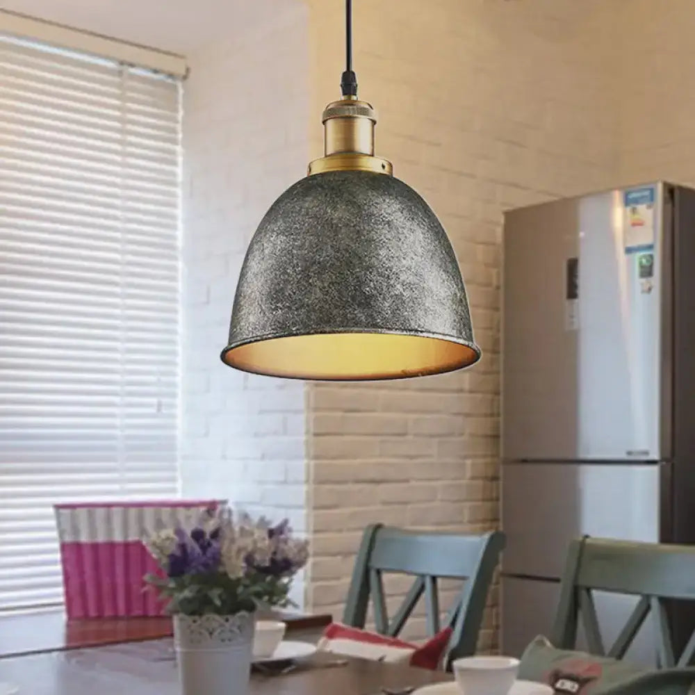 DecorBites Lonie industrial-style pendant lamp with textured gray metal shade brass accents antique style dome design