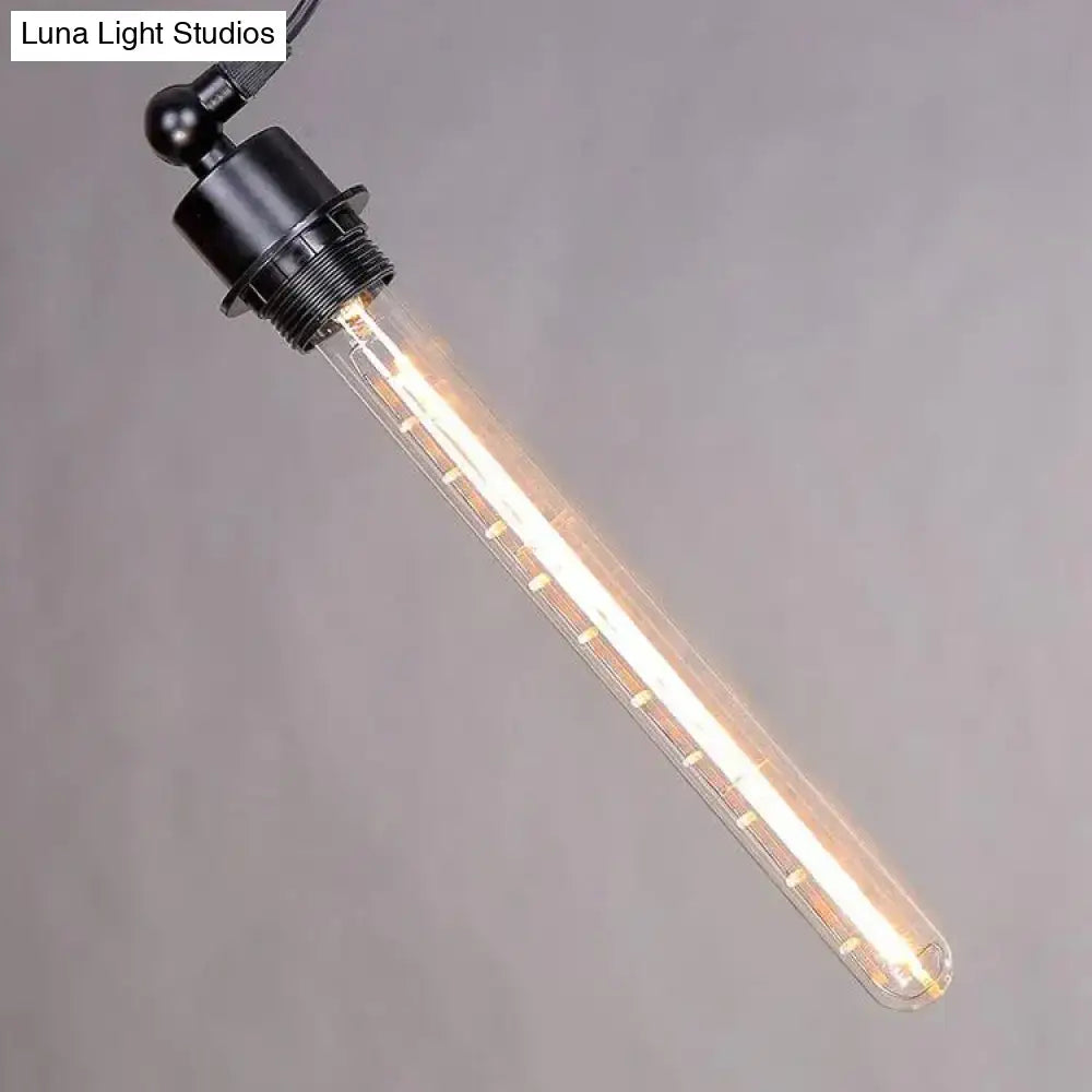 Industrial black and brass flute pendant light with black-finished edison-style clear glass tube and warm led filaments