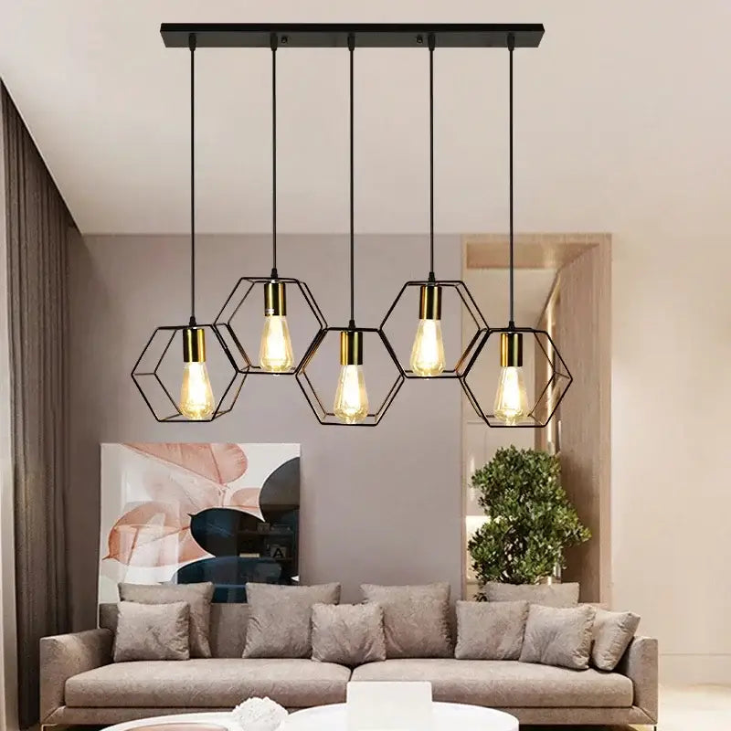 Industrial black and brass hexagonal pendant light with exposed filament bulbs for dining room decorbites industrial led hanging
