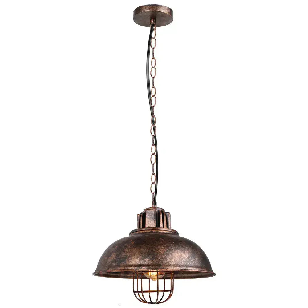 Industrial black and brass iron pendant light with distressed copper finish domed shade and protective wire cage decorbites iron pendant
