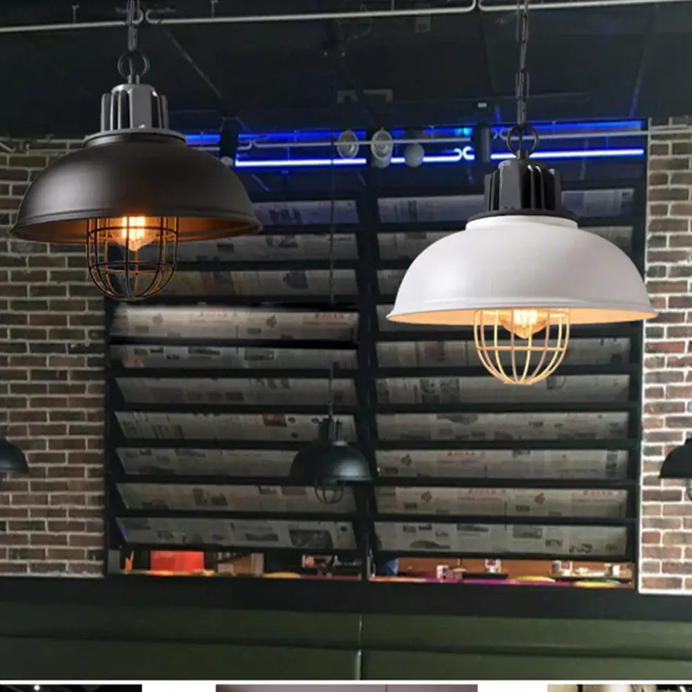 Industrial black and brass iron pendant light with matte black and white dome shades and wire cage for kitchen decorbites iron pendant