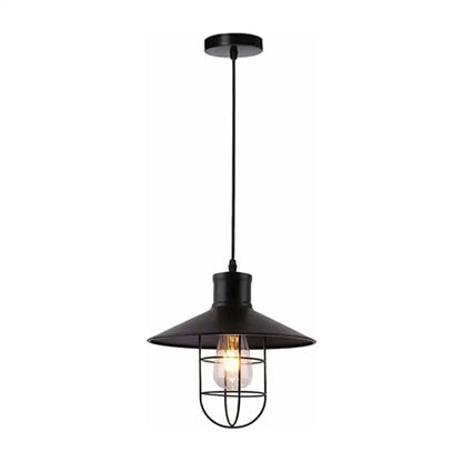 Industrial black and brass iron pendant light with matte finish conical shade and protective wire cage for kitchen decorbites iron pendant
