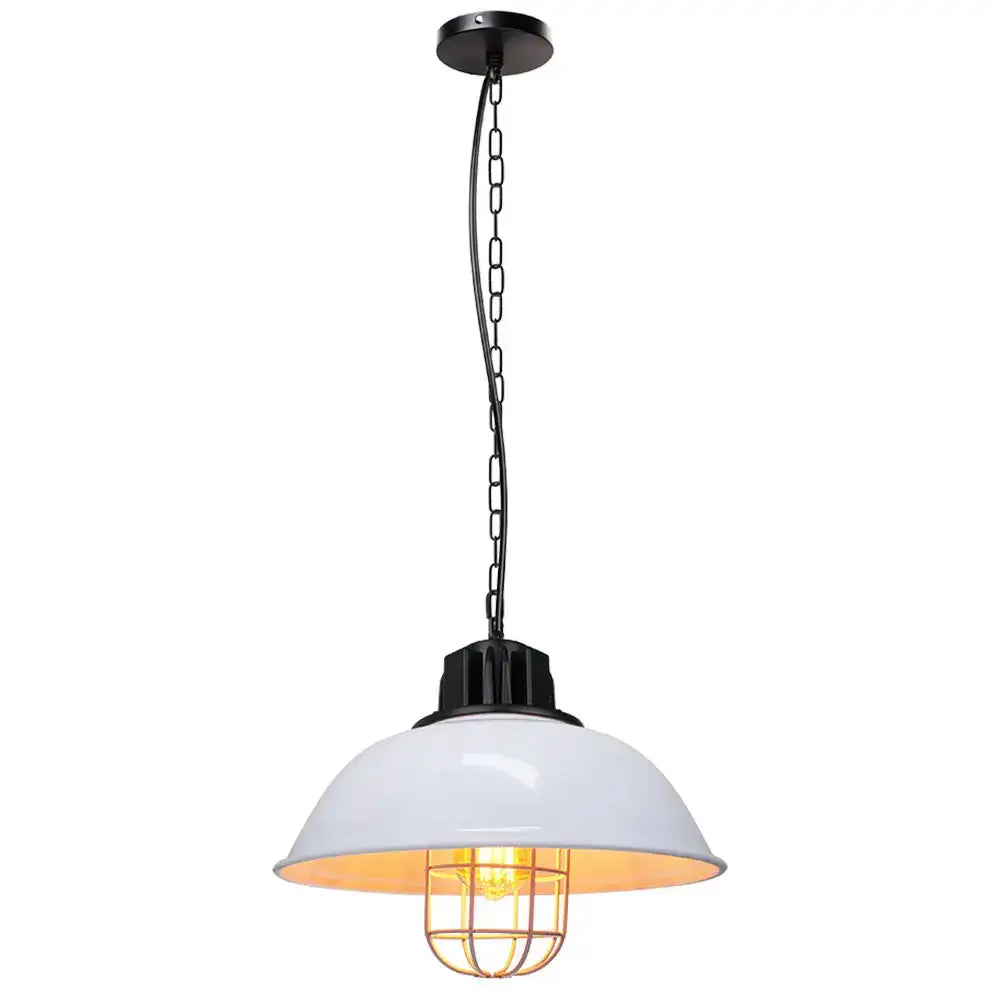 Industrial black and brass iron pendant light with white enamel dome shade chain and exposed edison bulb decorbites iron pendant