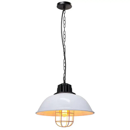 Industrial black and brass iron pendant light with white enamel dome shade chain and exposed edison bulb decorbites iron pendant