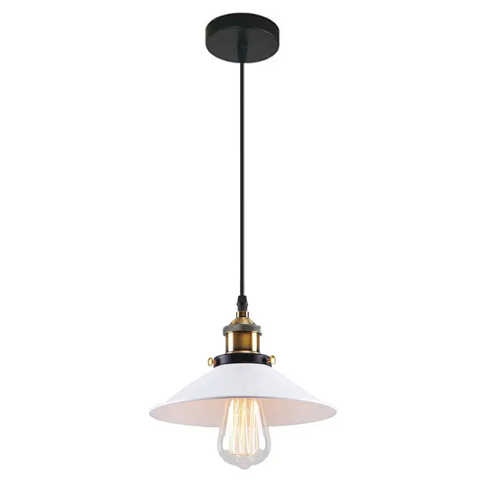 White enamel pendant light with brass-finished fixture and exposed Edison bulb in industrial black and brass iron pendant light decorbites iron pendant