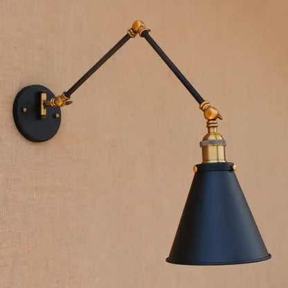 Black matte finished industrial swing arm wall lamp with brass accents and conical shade for bedroom decorbites industrial swing