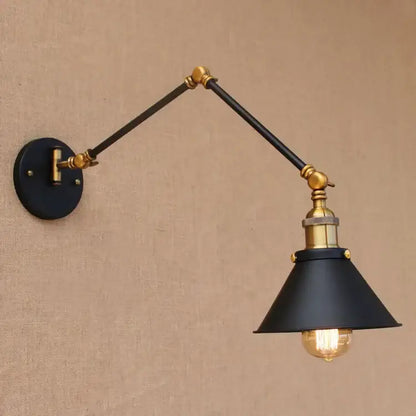 Industrial black and brass swing arm wall lamp with conical shade for bedroom decorbites industrial swing arm style