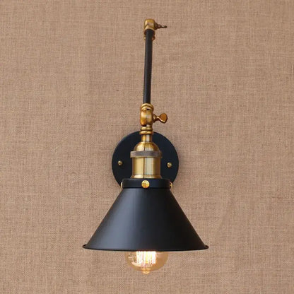 Industrial black and brass swing arm wall lamp with conical shade for bedroom decorbites industrial swing arm sconce