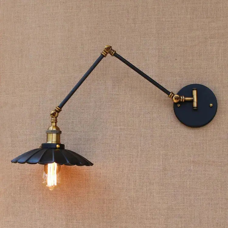 Industrial black and brass swing arm wall lamp with exposed edison bulb and scalloped shade for decorbites industrial swing arm use