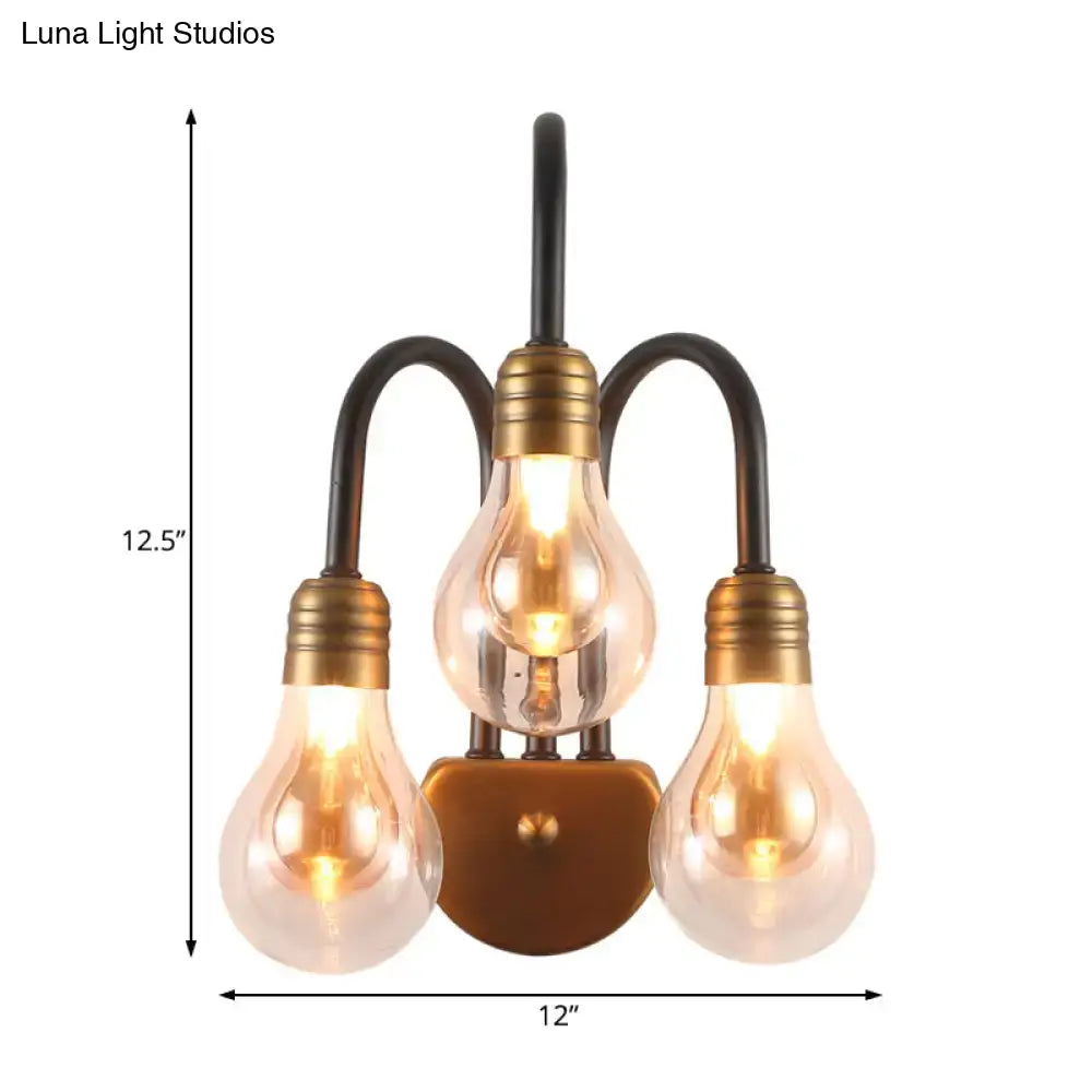 Vintage-style industrial black and brass wall lamp with three exposed filament bulbs 220v-240v bedroom led light fixture