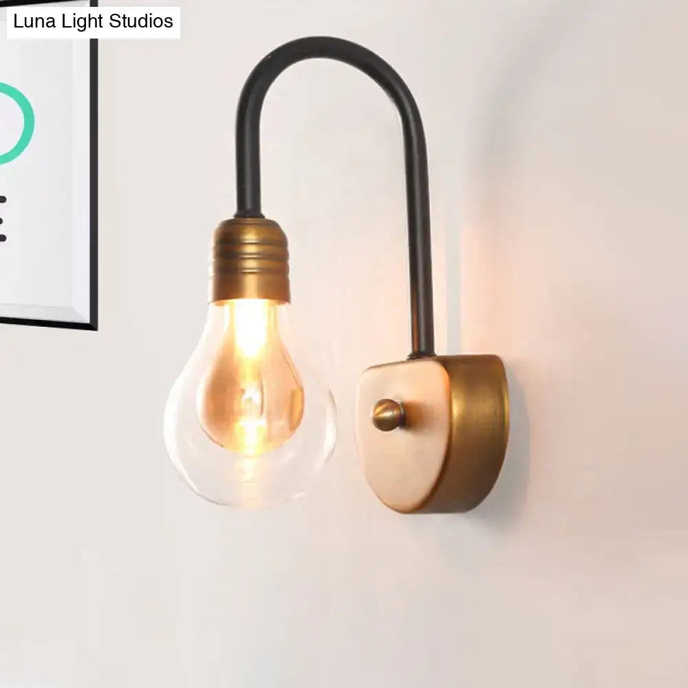 Industrial black and brass wall lamp with a curved arm and exposed filament bulb 220v-240v bedroom led light fixture