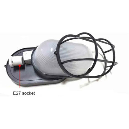 Industrial black bulkhead wall light with metal cage, frosted ribbed glass, and e27 socket for outdoor use decorbites black bulkhead