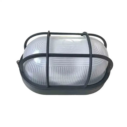 Industrial black bulkhead wall light features a black metal cage encasing an oval frosted glass lamp for decorbites wall light