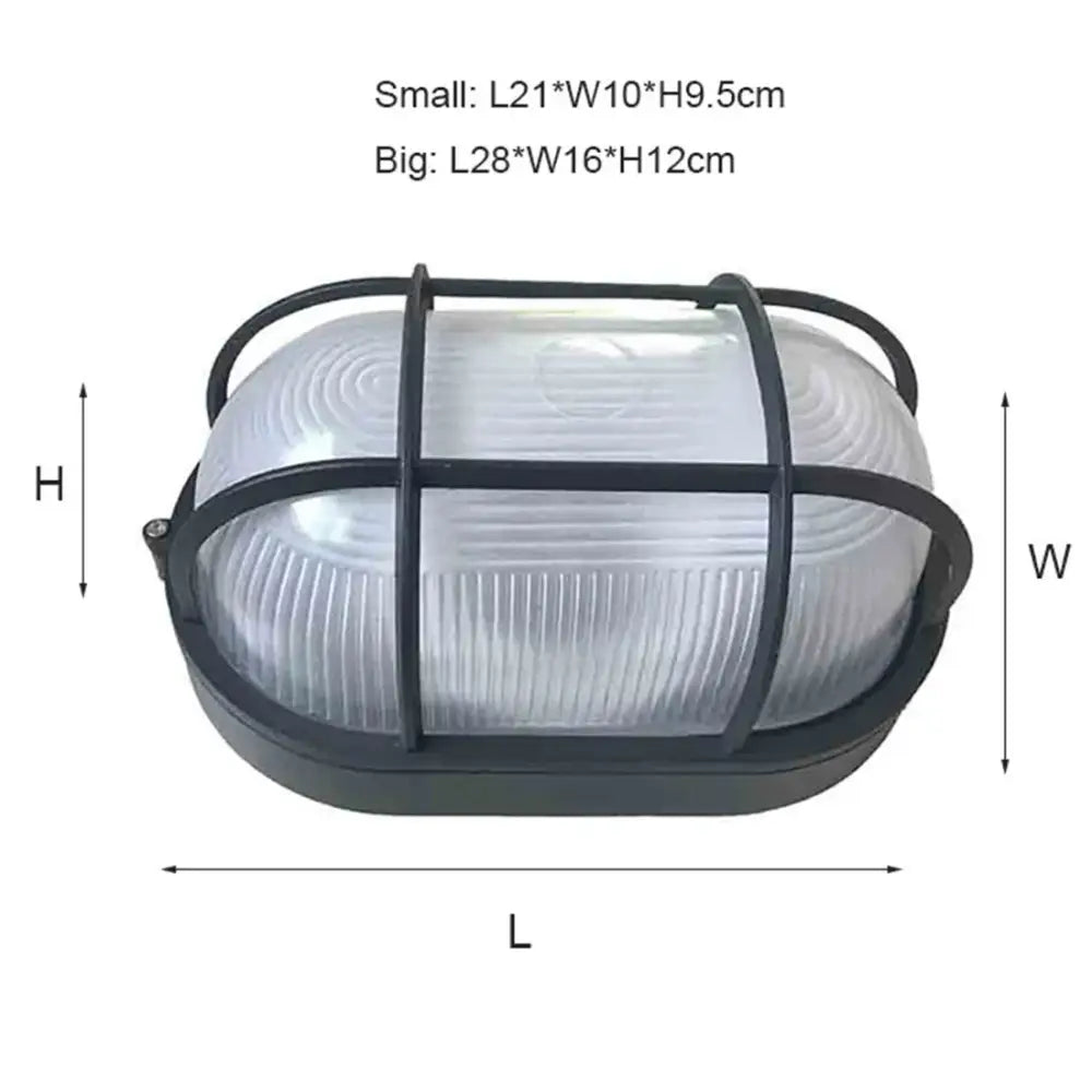 Industrial black bulkhead wall light with black metal cage and frosted ribbed glass lens for outdoor security decorbites wall light