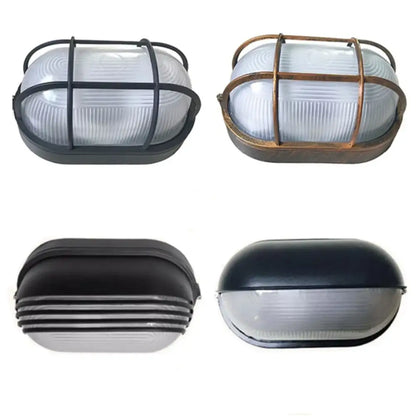 Industrial black bulkhead wall light with oval frosted glass diffusers and metal cage frame for patio security sconce