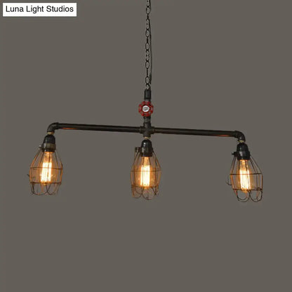 DecorBites™ industrial 3-light black iron pendant with red valve and adjustable cord length for dining room lighting