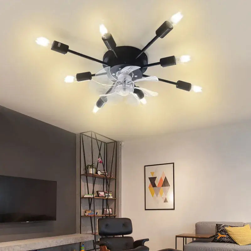 Industrial black ceiling fan with clear blades and exposed led bulbs for modern living room decorbites industrial ceiling fan