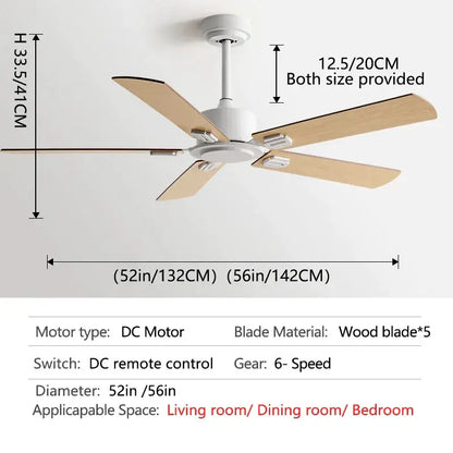 White ceiling fan with five light wood blades and dc motor complementing black industrial style with remote control