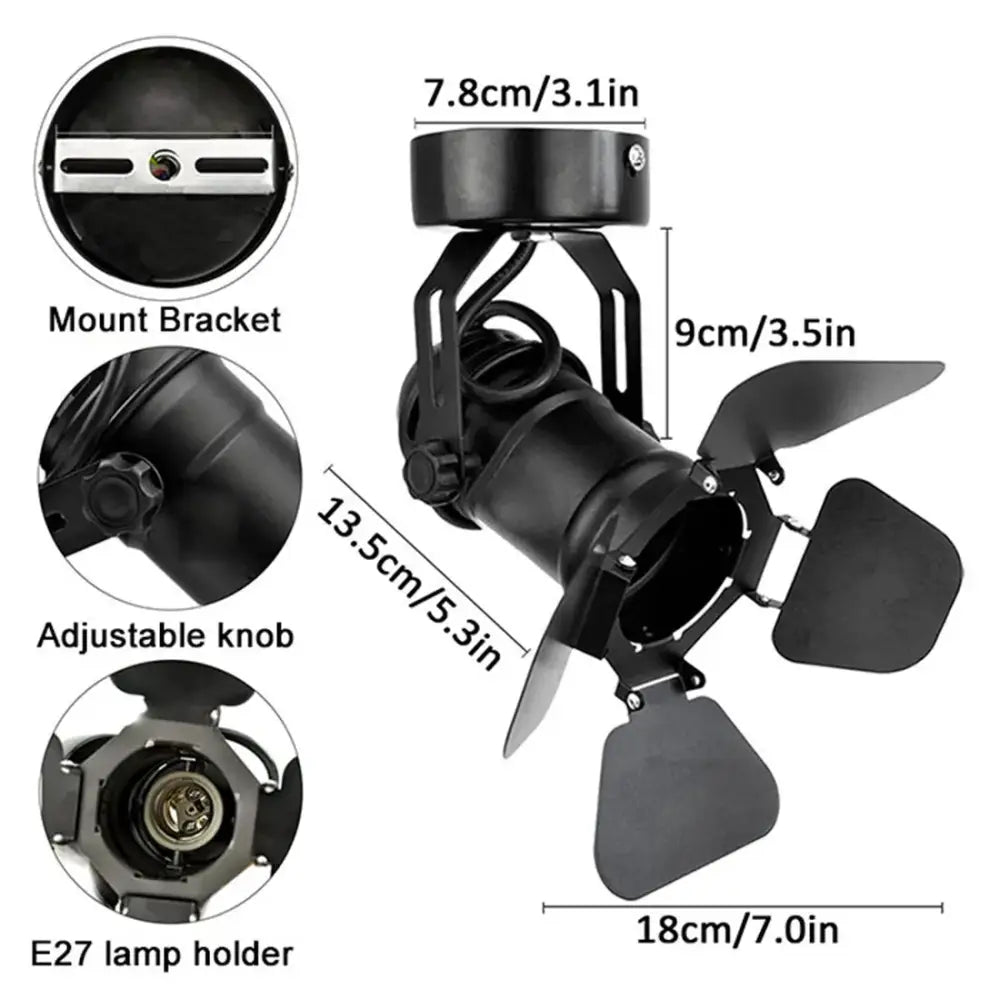 Industrial black metal ceiling spotlight lamp with adjustable three leaf-shaped shutters and e27 lamp holder