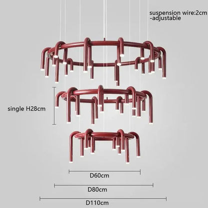 Industrial black circular ring pendant lights featuring a three-tier burgundy metal design with embedded led lights
