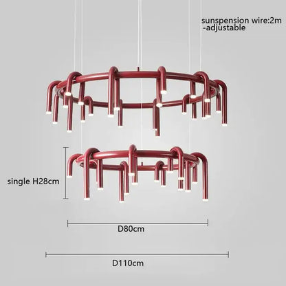 Modern red metal chandelier with circular tiered design and multiple vertical arms for pendant lights decorbites circular ring