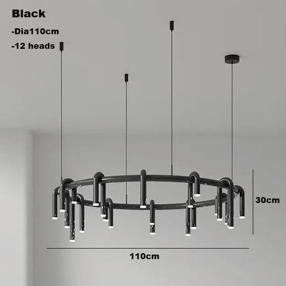 Black circular ring pendant light with 12 illuminated heads and sleek modern design for dining room decorbites pendant lights