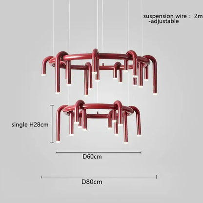 Red metallic double-tiered pendant lights with curved pipe arms and integrated led lights for dining room decorbites circular ring pendant
