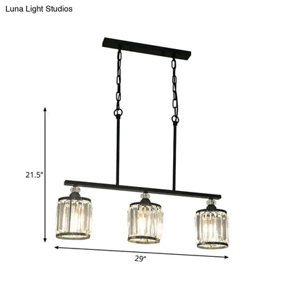Black metal pendant light with three clear crystal cone cylinder glass shades for dining room industrial decor