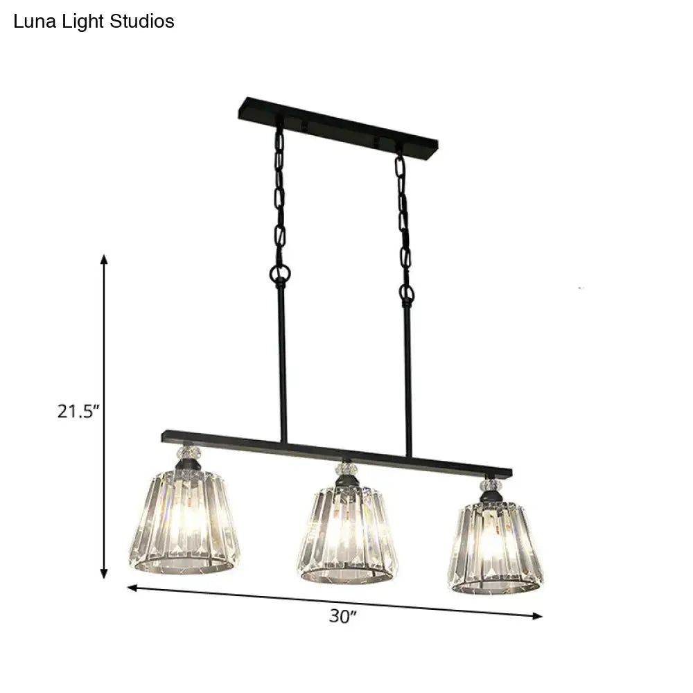 Black metal pendant light with three crystal-encrusted cone cylinder glass shades for dining room illumination