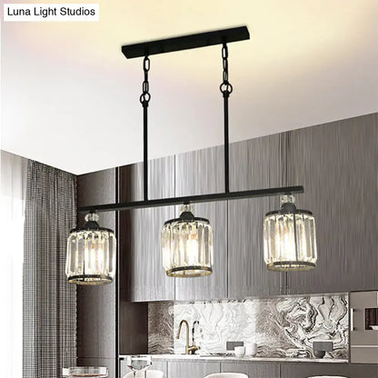 Black metal pendant light with three clear crystal cone cylinder shades for industrial dining room lighting
