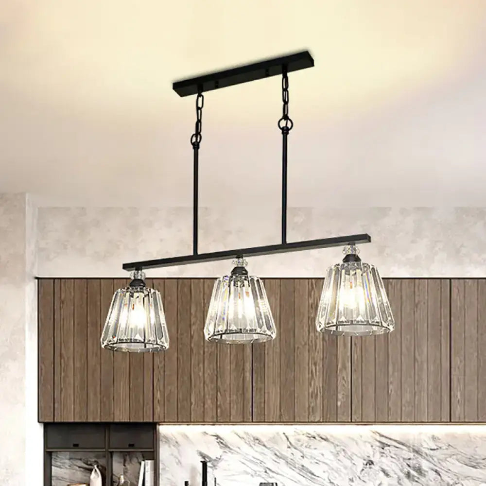 Industrial black metal pendant light with three clear faceted crystal glass shades for dining room illumination