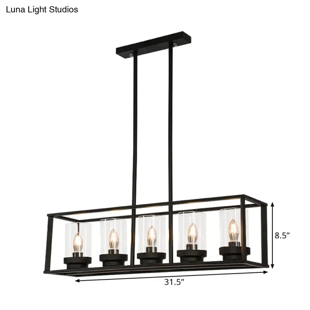 DecorBites™ black metal rectangular chandelier with five clear glass cylinders for kitchen island lighting