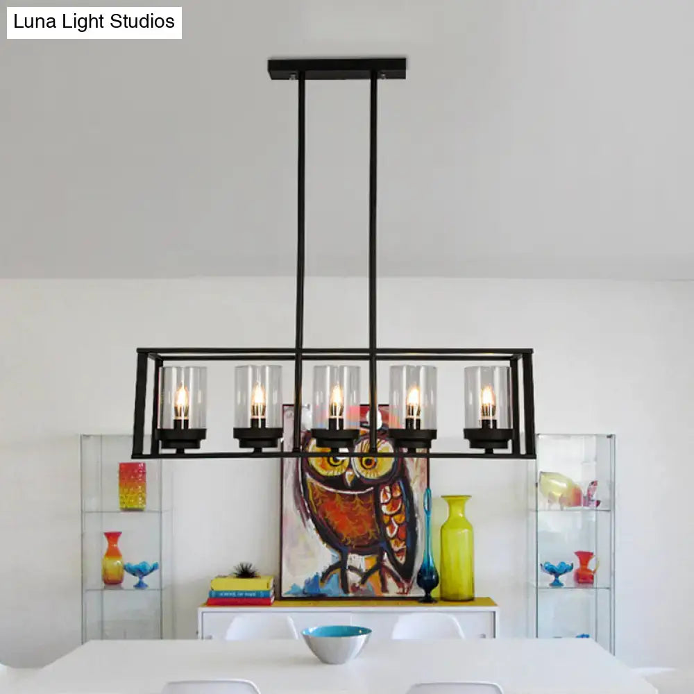 Black metal chandelier with five clear glass cylinders housing exposed bulbs for kitchen island lighting