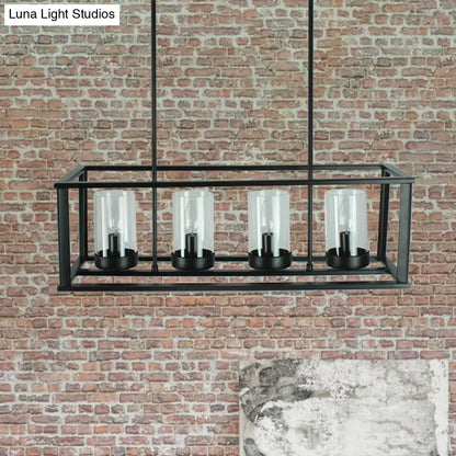 Black metal rectangular pendant light with four clear glass cylinders for kitchen island lighting
