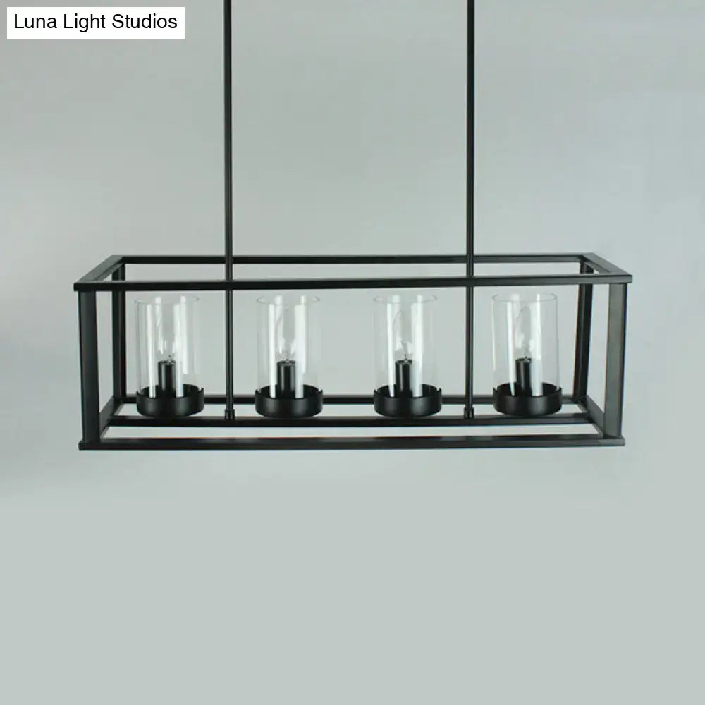 Black metal rectangular pendant light with four clear glass cylinders for kitchen island lighting by DecorBites