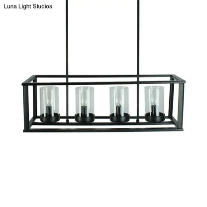Black metal rectangular pendant light with four clear glass cylinders for kitchen island illumination